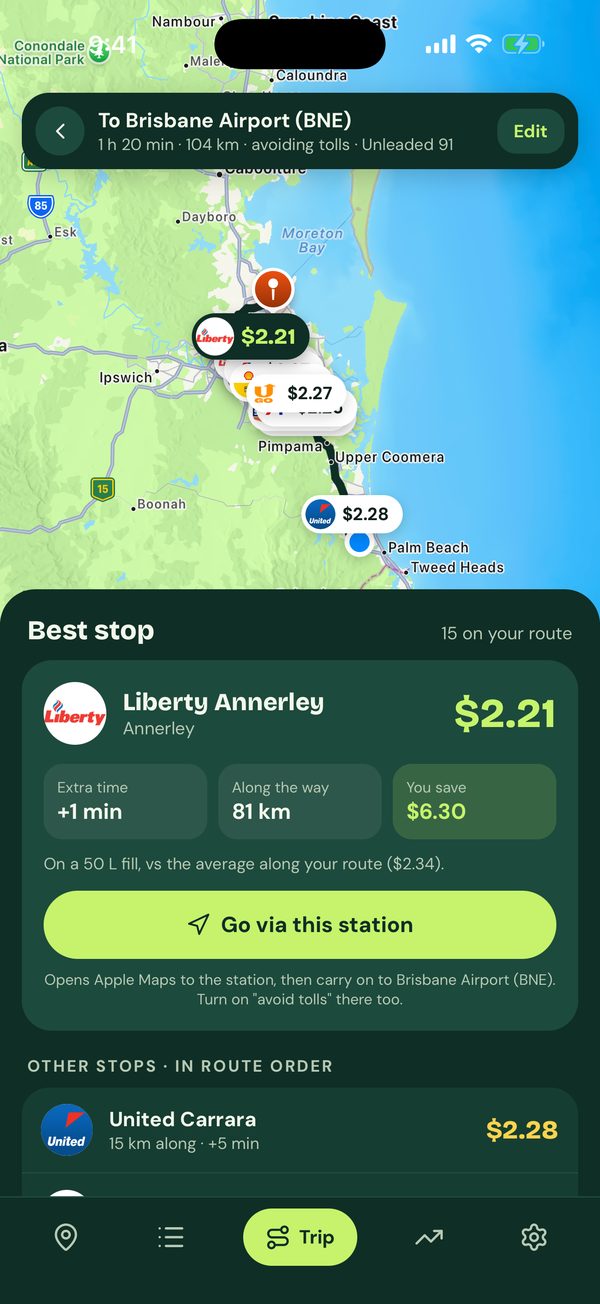 Trip planner showing the best stop and what it saves